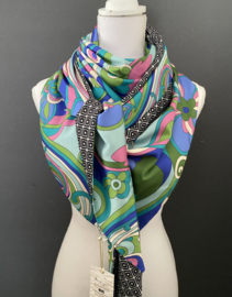 Blauw - Groen - Roze retro design / zwart - wit blokje, couture sjaal