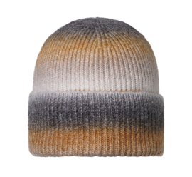 Beanie / muts kleurverloop. Okergeel-beige / grijs / offwhite