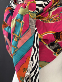 Fuchsia roze kleurrijk design / zwart-wit zebra achterkant, couture sjaal.