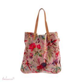 Mooie fluwelen shopper van Imbarro. Licht Taupe.  Paradise print.