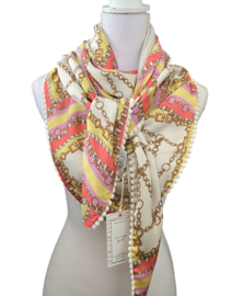Koraal - roze - lichtgeel kettingen design / ecru mini stipje, couture sjaal