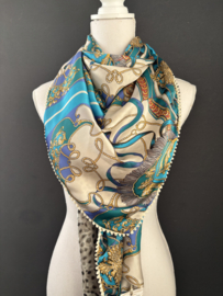 Camel - beige - Aqua kettingen design / mini dieren print,  couture sjaal