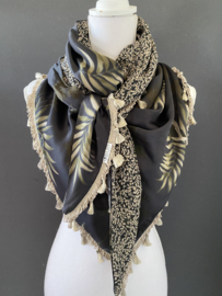 Navy - army green - beige grote blad print  / mini bloemetje,  couture sjaal.