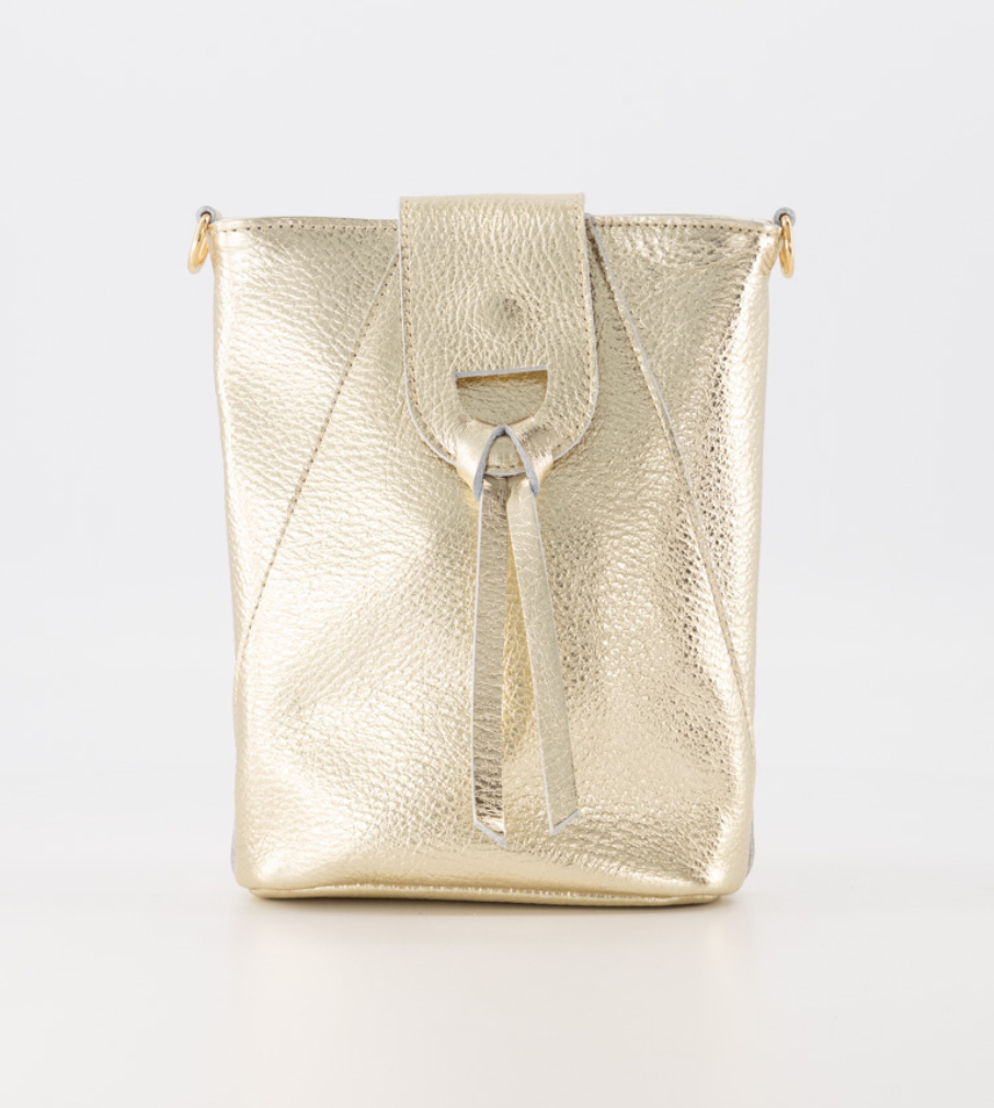 Crossbody kleine tas met knoop klepje. Goud. Echt leer.