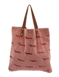 Mooie fluwelen shopper van Imbarro. Teckel Borduur Noble, oud roze