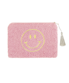 Teddy toilet tas met geborduurde smiley. Roze