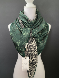 Donker groen satijn mini blaadjes / crème-zwart groot blad, couture sjaal