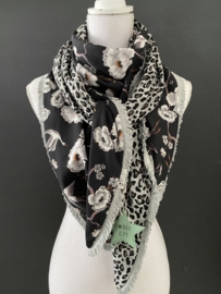 Navy kraanvogels / bloemen - Grijze panter print, couture sjaal.