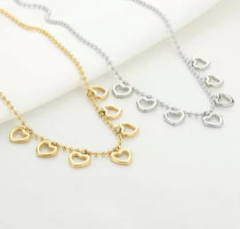 RVS (stainless steel) bolletjes ketting met hart bedels. Zilver- of  Goudkleurig.