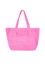 Grote badstof shopper / strandtas. Ingeweven bloem dessin. Roze