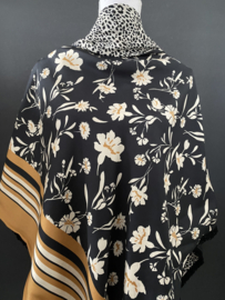 Randpatroon bloemen dessin met okergeel, mini panterprintje, couture sjaal.