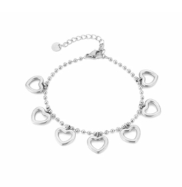 RVS (stainless steel) bolletjes armband met hart bedels. Zilver- of  Goudkleurig.