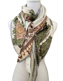 Army green - oudroze - ecru  design / ecru mini stipje, couture sjaal