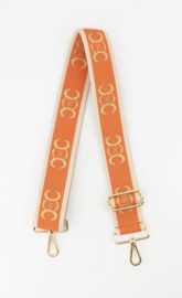 Schouderband / cameraband / tassenriem met gouden lurex letters. Oranje / gouden gespen