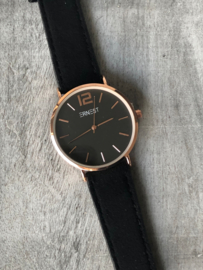 Horloge Ernest,  stijlvol / stoer met stiksel op de band. Suedine. Zwart - rosé