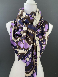 Geometrische vormen, bruin, lila, blauw dessin met, couture sjaal.