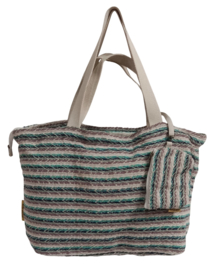 Mycha Ibiza, SET. Méga, super grote strandtas + minitasje, groen-grijs-ecru, jacquardstof.