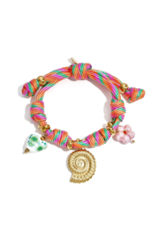 Multi colours zomer touw-armband met RVS (stainless steel) Goudkleurig