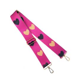 Schouderband / cameraband / tassenriem.Panter,  fuchsia roze - goud - zwart