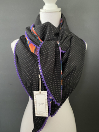Wat dikkere sjaal paars-oranje retro dessin / zwarte mini stip couture sjaal