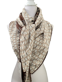 Bruin-zwart-ecru bloemen dessin / ecru honingraat dessin, couture sjaal