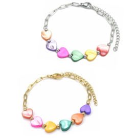 RVS (stainless steel) hartjes armband. Multi colour. Zilver of goud