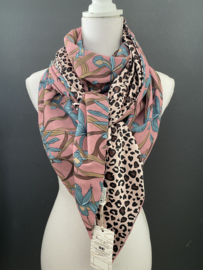 Oudroze-blauw blad design / roze-bruine panter achterkant, couture sjaal.