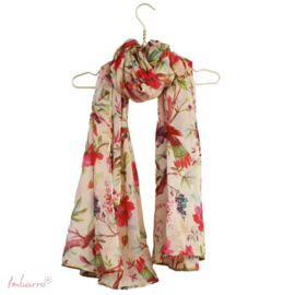 Imbarro, grote zachte dunne  langwerpige sjaal / pareo. Paradise print, creme