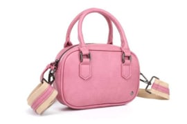 Gekleurd tasje met korte hengsels en lange geweven band. Roze
