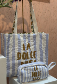 Reversible katoenen tas met print. La Dolce Vita. Lichtblauw-ecru