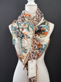 Ecru-turquoise-oranje blaadjes dessin / retro pauwen print achterkant. Couture sjaal.