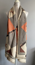 Langwerpige soft sjaal, Ecru, zacht oranje, grijs.