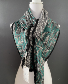 Groen - snake satijn dessin met grijs mini panter achterkant, couture sjaal