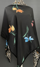 Zwart met felle kleuren tulpen patroon  / Panter dessin, couture sjaal.