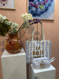 Reversible katoenen tas met print. La Dolce Vita. Lichtblauw-ecru