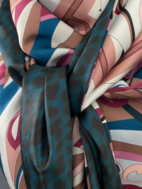 Cerise-roze-petrol retro design / petrol panter dessin. couture sjaal