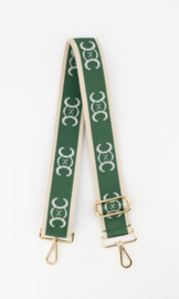 Schouderband / cameraband / tassenriem met gouden lurex letters. Donker groen / gouden gespen