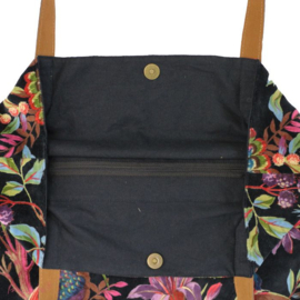 Mooie fluwelen shopper van Imbarro. Zwart. Paradise print.