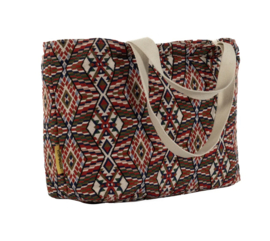 Mycha Ibiza, Méga, super grote strandtas + minitasje, donker rood- blauw-ecru-groen design, jacquardstof.