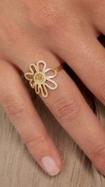 RVS (stainless steel) bloemen ring met smiley. Zilver of goud