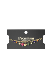 RVS (stainless steel) schakel armband met hart / kleur bedels. Goudkleurig.