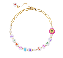 Enkelbandje Stainless steel + tekst kralen SUMMER LOVE. Goudkleurig