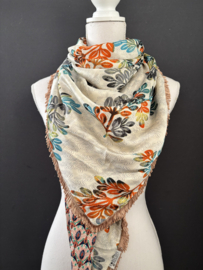 Ecru-turquoise-oranje blaadjes dessin / retro pauwen print achterkant. Couture sjaal.