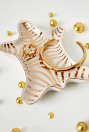 Aardewerk (sieraden) schaaltje. Panter, gouden strepen.