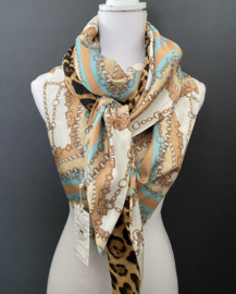 Camel - beige - Aqua kettingen design / bruine luipaard print,  couture sjaal