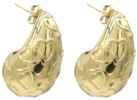 RVS (stainless steel) druppelvormige oorbellen met hartjes erop. Zilver of goud