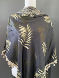 Navy - army green - beige grote blad print  / mini bloemetje,  couture sjaal.