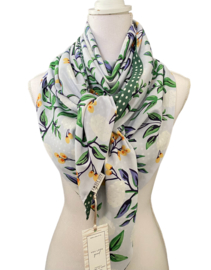 Lichtblauw - Groeb bloemen design / groen - witte stip, couture sjaal