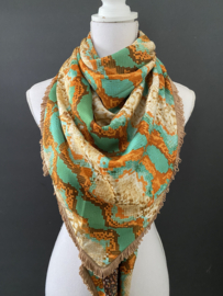 Oranje - groen snake dessin / Bruine mini stippen,  couture sjaal.