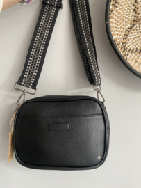 Zwart tasje Santorini, imitatie leer + extra geweven band.